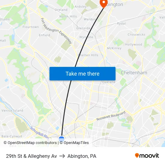 29th St & Allegheny Av to Abington, PA map