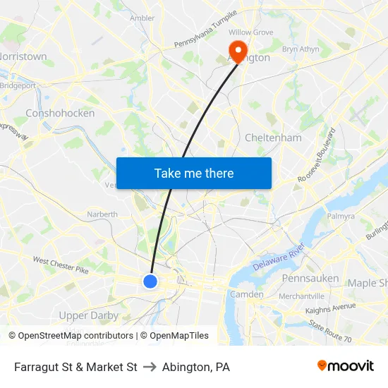 Farragut St & Market St to Abington, PA map