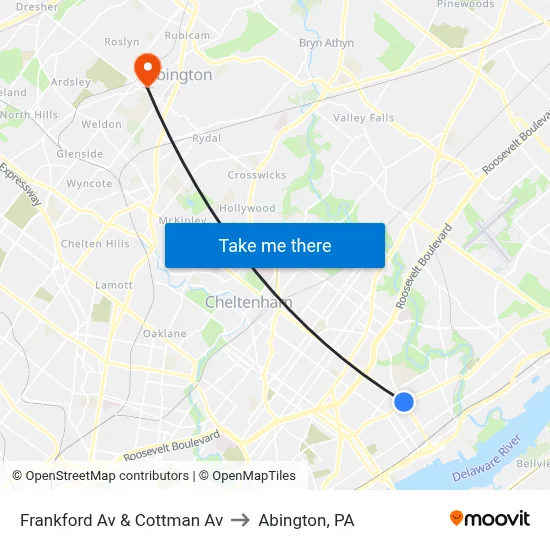 Frankford Av & Cottman Av to Abington, PA map
