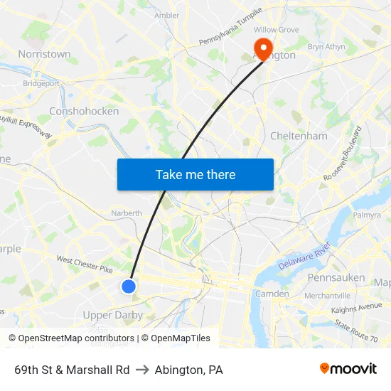 69th St & Marshall Rd to Abington, PA map
