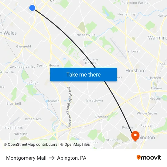 Montgomery Mall to Abington, PA map