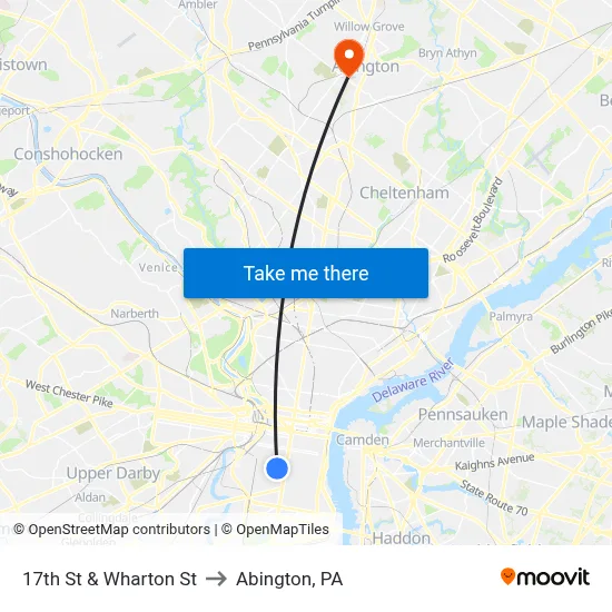 17th St & Wharton St to Abington, PA map