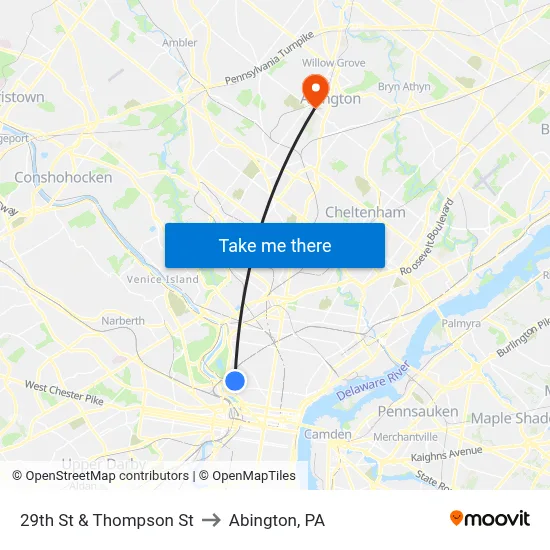 29th St & Thompson St to Abington, PA map