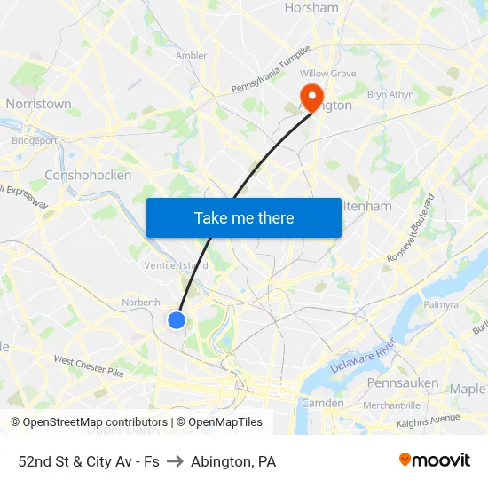 52nd St & City Av - Fs to Abington, PA map
