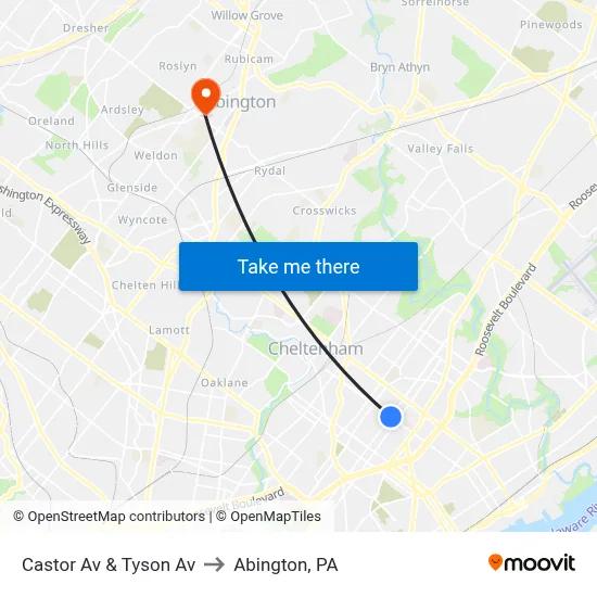 Castor Av & Tyson Av to Abington, PA map