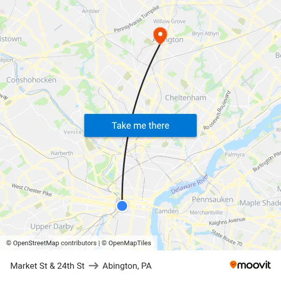 Market St & 24th St to Abington, PA map