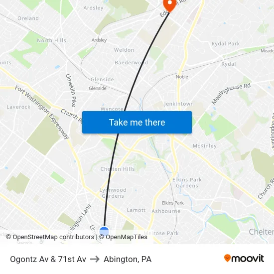 Ogontz Av & 71st Av to Abington, PA map