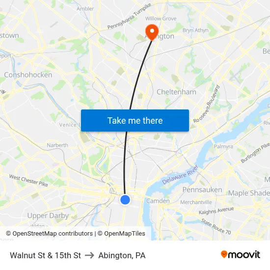 Walnut St & 15th St to Abington, PA map