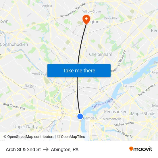 Arch St & 2nd St to Abington, PA map