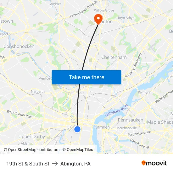 19th St & South St to Abington, PA map