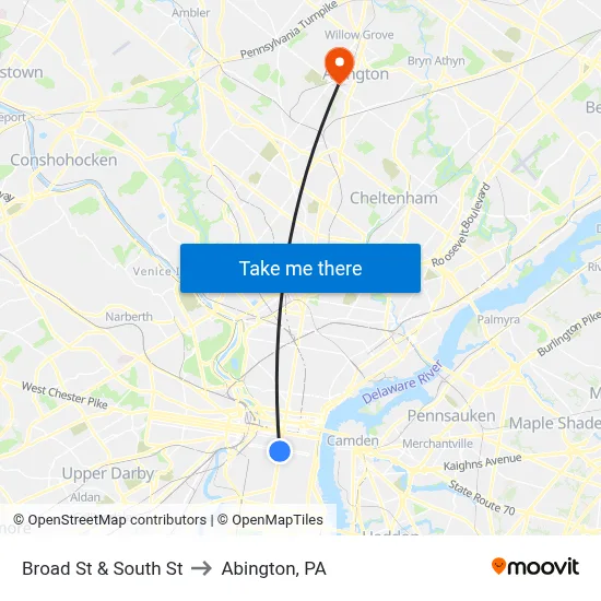 Broad St & South St to Abington, PA map