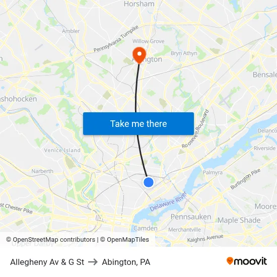 Allegheny Av & G St to Abington, PA map