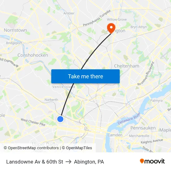 Lansdowne Av & 60th St to Abington, PA map