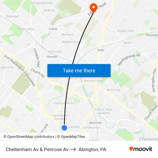 Cheltenham Av & Penrose Av to Abington, PA map