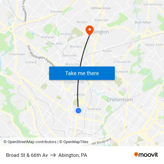 Broad St & 66th Av to Abington, PA map