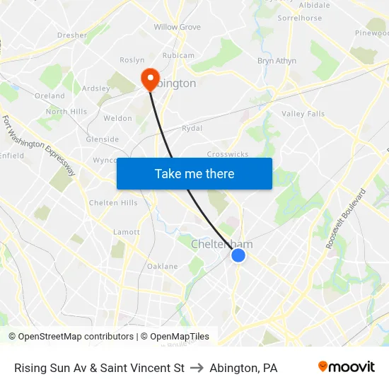 Rising Sun Av & Saint Vincent St to Abington, PA map