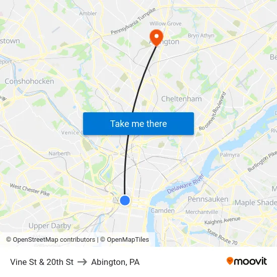 Vine St & 20th St to Abington, PA map