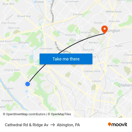 Cathedral Rd & Ridge Av to Abington, PA map