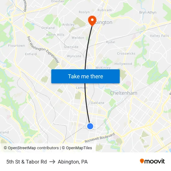 5th St & Tabor Rd to Abington, PA map