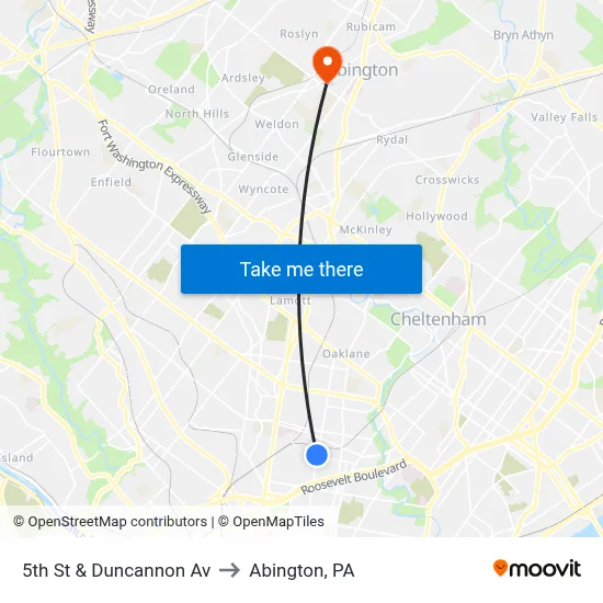 5th St & Duncannon Av to Abington, PA map