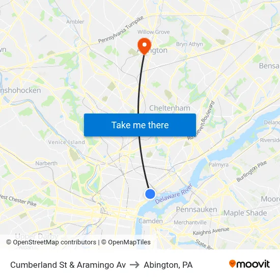 Cumberland St & Aramingo Av to Abington, PA map