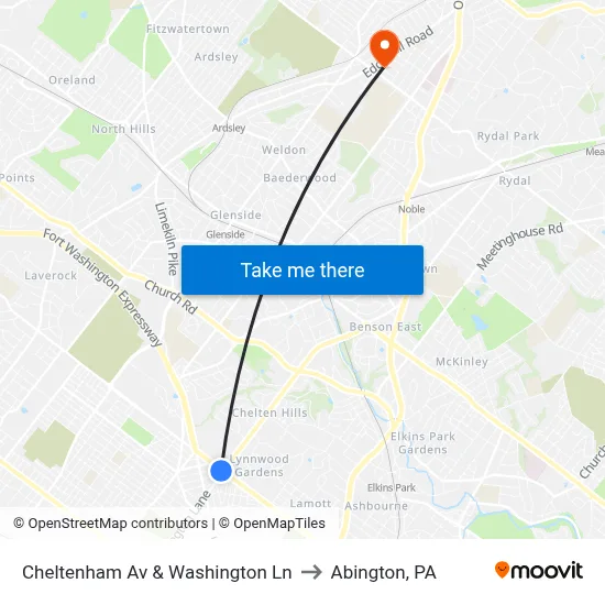 Cheltenham Av & Washington Ln to Abington, PA map