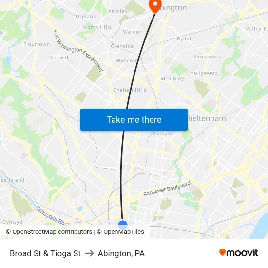 Broad St & Tioga St to Abington, PA map