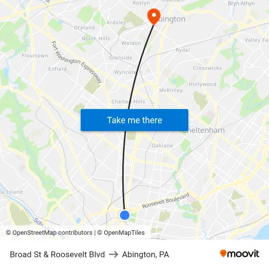 Broad St & Roosevelt Blvd to Abington, PA map