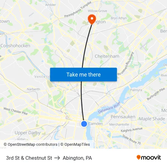3rd St & Chestnut St to Abington, PA map