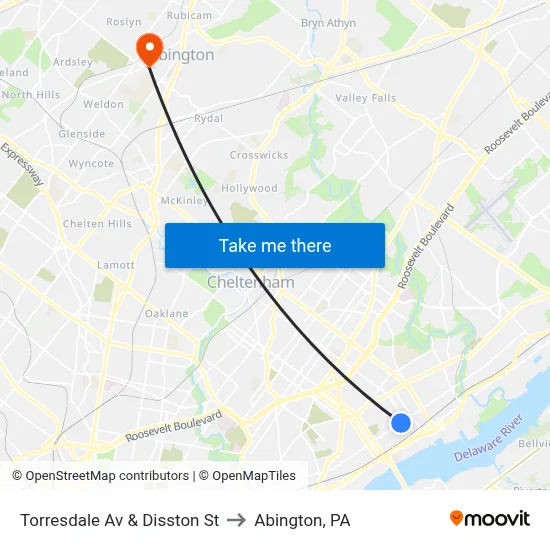 Torresdale Av & Disston St to Abington, PA map