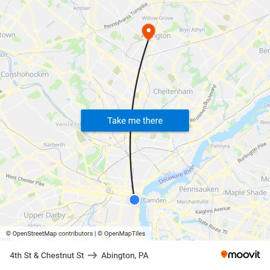 4th St & Chestnut St to Abington, PA map