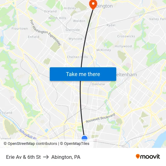 Erie Av & 6th St to Abington, PA map