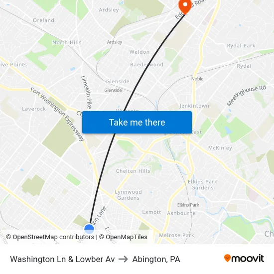 Washington Ln & Lowber Av to Abington, PA map