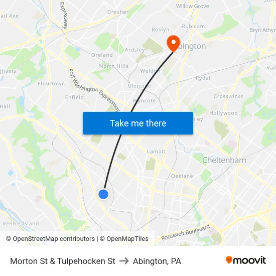 Morton St & Tulpehocken St to Abington, PA map