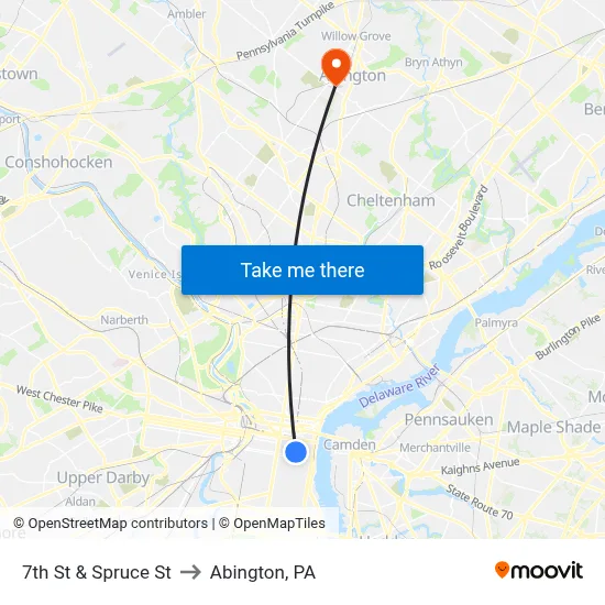 7th St & Spruce St to Abington, PA map