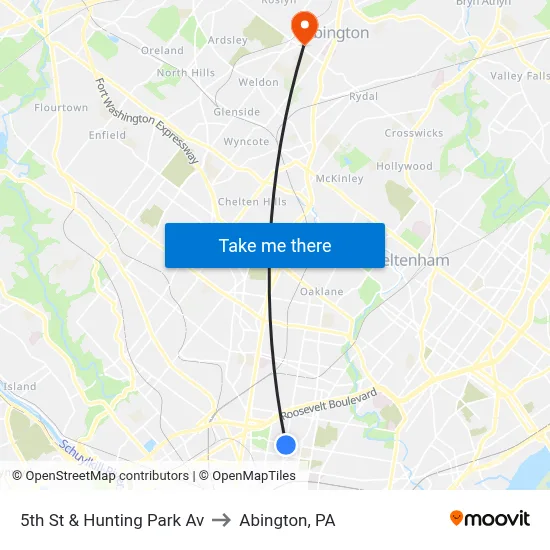 5th St & Hunting Park Av to Abington, PA map