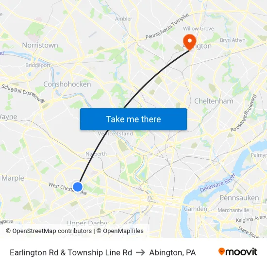 Earlington Rd & Township Line Rd to Abington, PA map