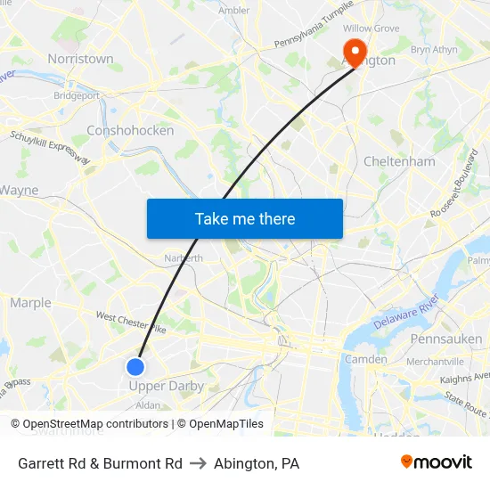 Garrett Rd & Burmont Rd to Abington, PA map