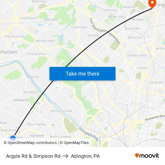 Argyle Rd & Simpson Rd to Abington, PA map