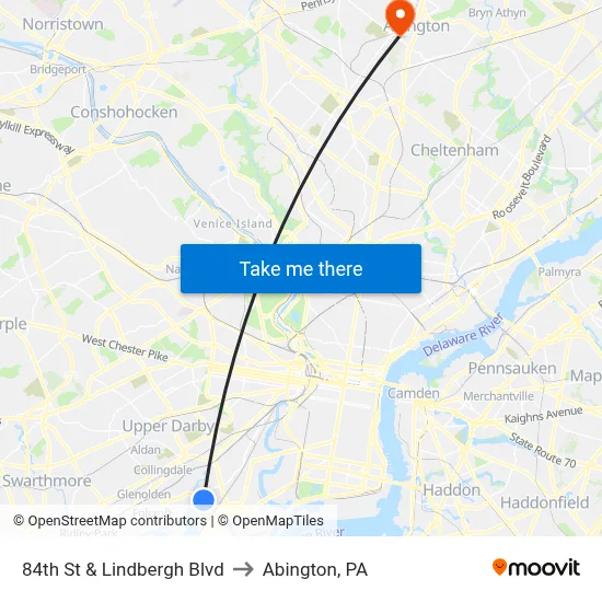 84th St & Lindbergh Blvd to Abington, PA map