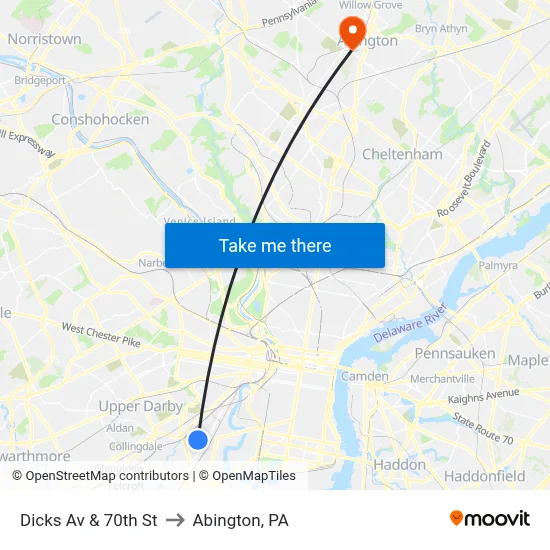 Dicks Av & 70th St to Abington, PA map