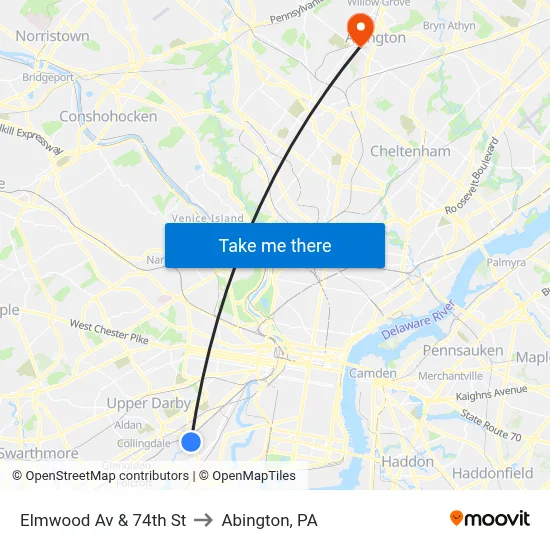 Elmwood Av & 74th St to Abington, PA map