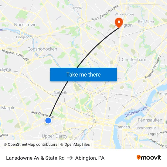 Lansdowne Av & State Rd to Abington, PA map