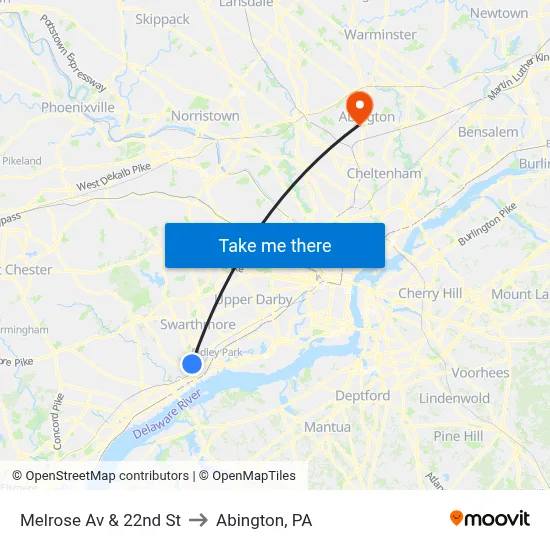 Melrose Av & 22nd St to Abington, PA map