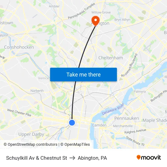 Schuylkill Av & Chestnut St to Abington, PA map