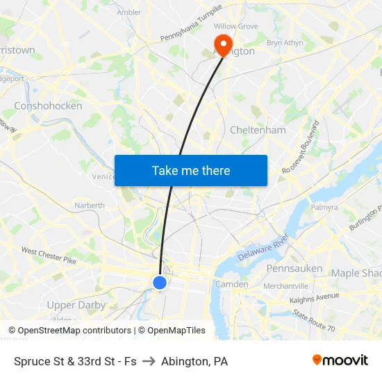 Spruce St & 33rd St - Fs to Abington, PA map