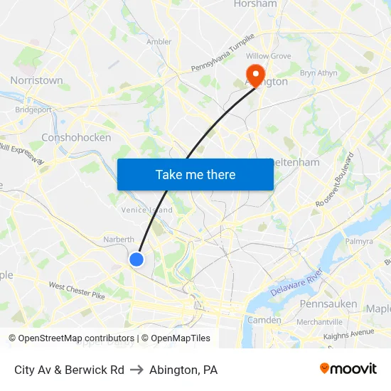 City Av & Berwick Rd to Abington, PA map