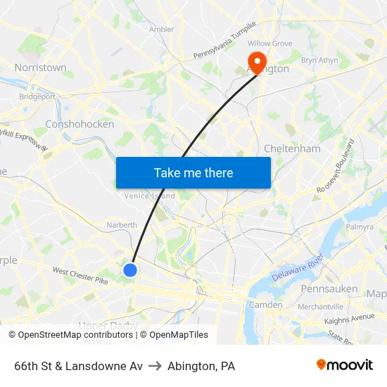 66th St & Lansdowne Av to Abington, PA map
