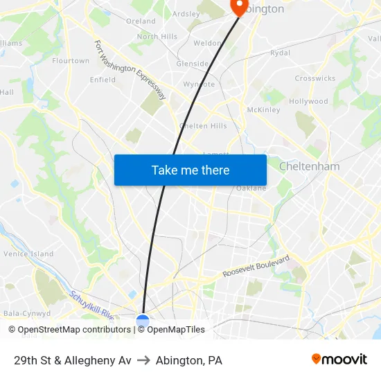 29th St & Allegheny Av to Abington, PA map