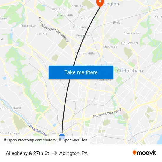 Allegheny & 27th St to Abington, PA map